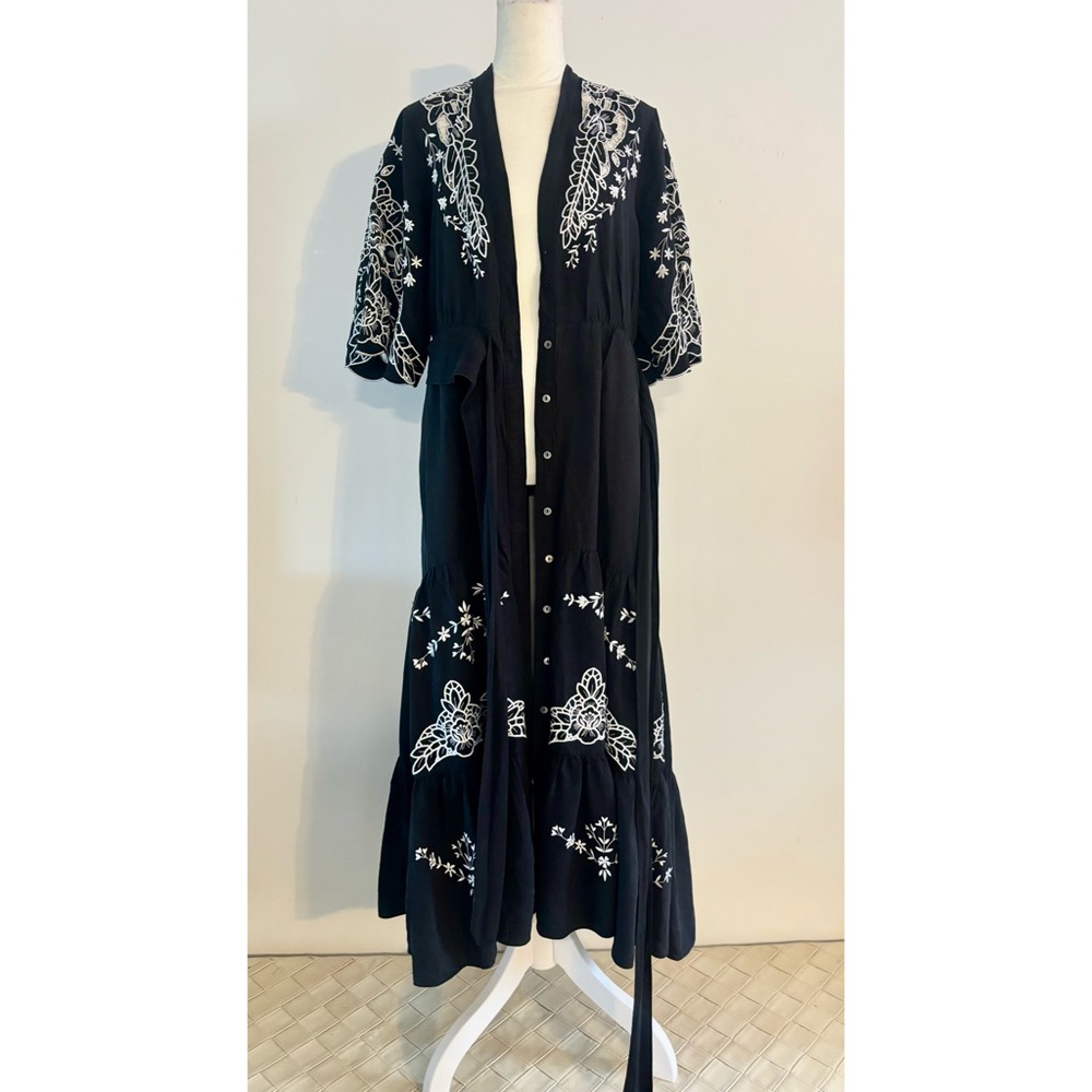 Kobi Halperin Black Maxi Dress with White Floral Embroidery, Ruffles-Small - Picture 7 of 11
